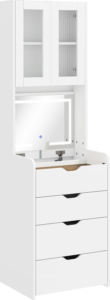HOMCOM Toucador de Maquilhagem com Luzes LED de 3 Cores Espelho Rebatível e Banco Acolchoado 50x40x160 cm Branco | Aosom Portugal