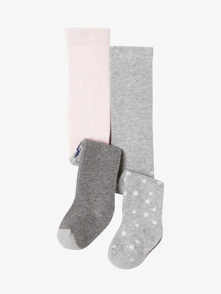 Lote de 2 pares de collants em malha às bolas/coala, para bebé cinzento claro bicolor/multico