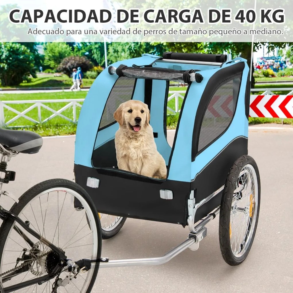 Reboque de bicicleta para animais de estimação com rodas Capacidade 40 kg Caixa de transporte de 2 portas para cães médios 60,5 x 135 x 95 cm Azul