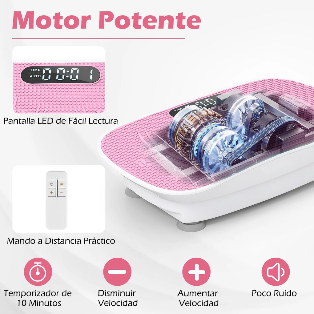 Plataforma vibratória muscular com 10 intensidades e controlo remoto para emagrecer, queimar calorias e tonificar os músculos - Branco + Rosa