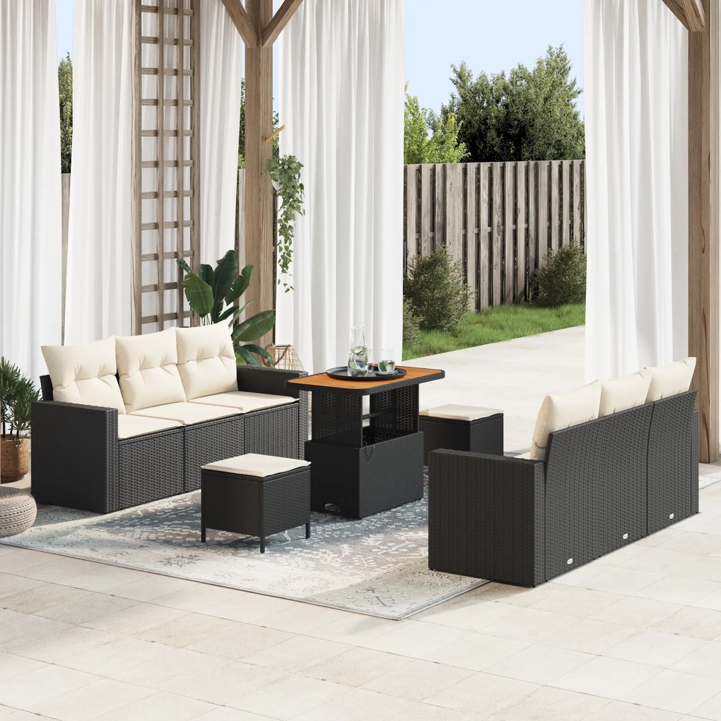 Conjunto de Sofás de Jardim de 9 Peças com Almofadas em Rattan Poliést