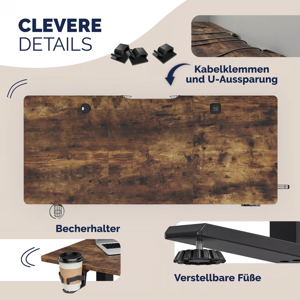 Secretária elétrica com altura ajustável 140x60x72-117 cm Castanha