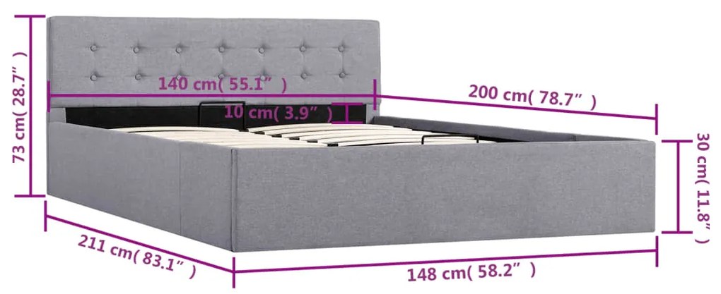 Cama hidráulica c/ arrumação 140x200cm tecido cinza-escuro