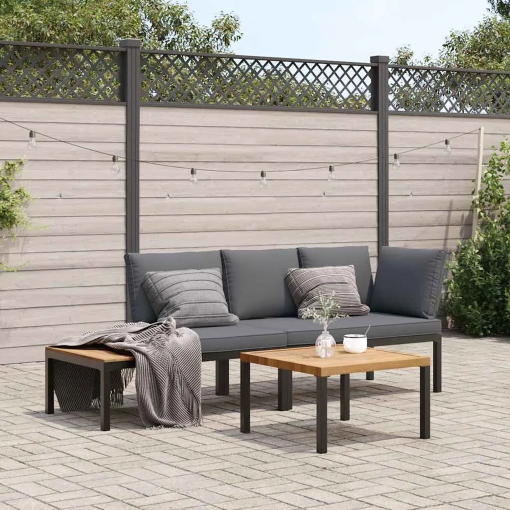 3 pcs conjunto de sofás p/ jardim c/ almofadões alumínio preto