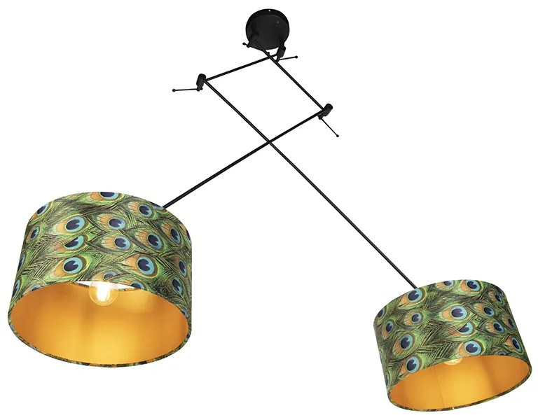 Candeeiro de suspensão preto com abajures de veludo azul-pavão com dourado 35 cm 2-luzes - Blitz Clássico / Antigo,Moderno