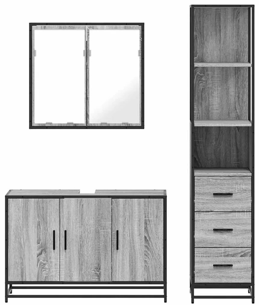 3 pcs Conjunto móveis casa de banho madeira proc. cinza sonoma