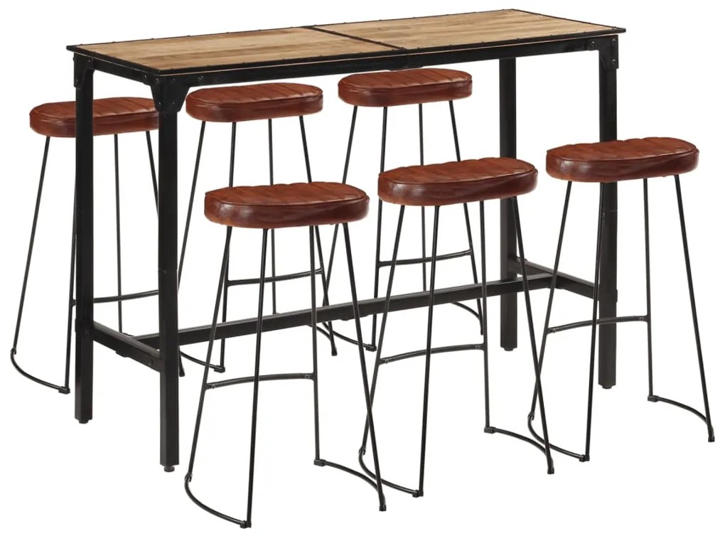 7 pcs conj. de bar madeira de mangueira áspera maciça e metal