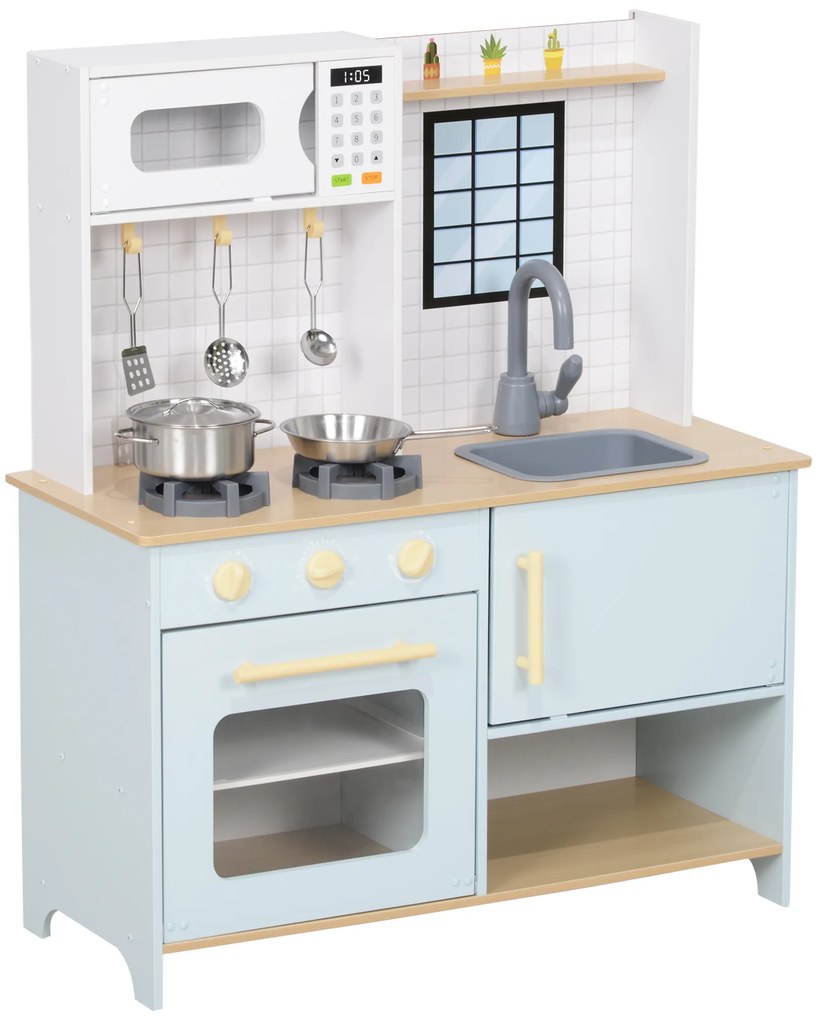 AIYAPLAY Cozinha de Madeira para Crianças acima de 3 Anos Cozinha de Brincar Infantil com Som Fogão Lavatório Micro-Ondas e Acessórios Azul | Aosom Portugal