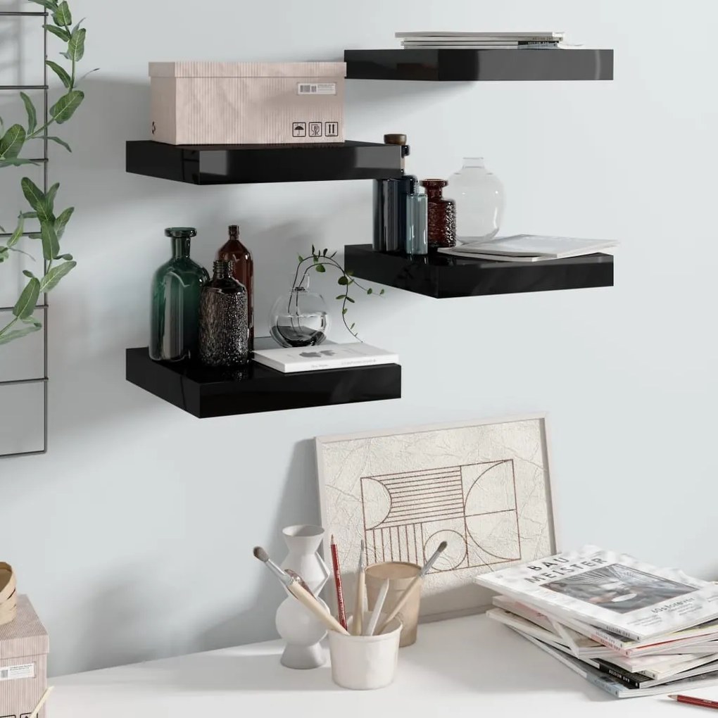 323762 vidaXL Prateleiras de parede suspensas 4 pcs 23x23,5x3,8cm MDF preto