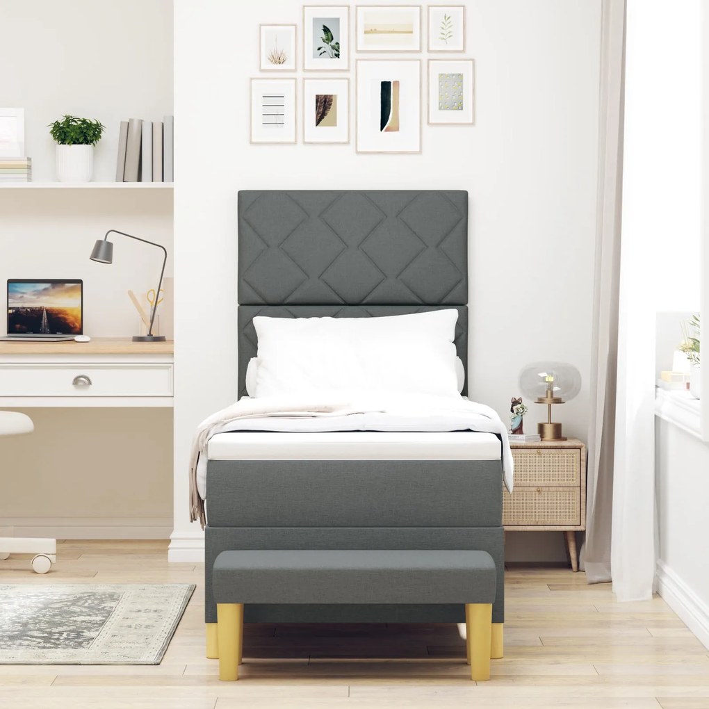Cama Box Spring com Colchão e Banco Cinza Escuro 80x200 cm Tecido