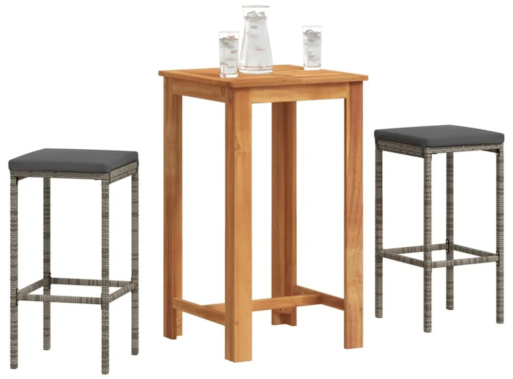 3 pcs conjunto de bar p/ jardim acácia maciça/vime PE cinzento