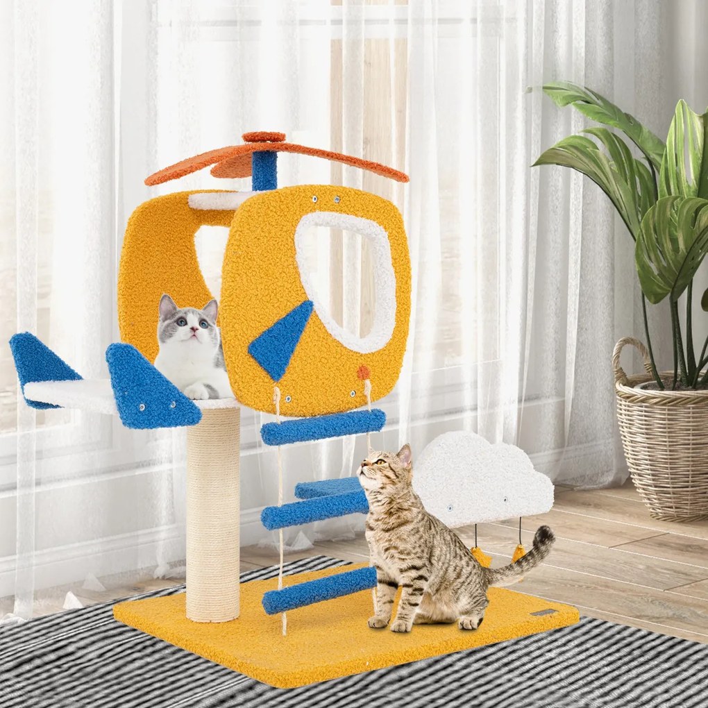 Arranhador para gatos com tema de aviação com poleiro de helicóptero Plataforma Escada 3 brinquedos Amarelo
