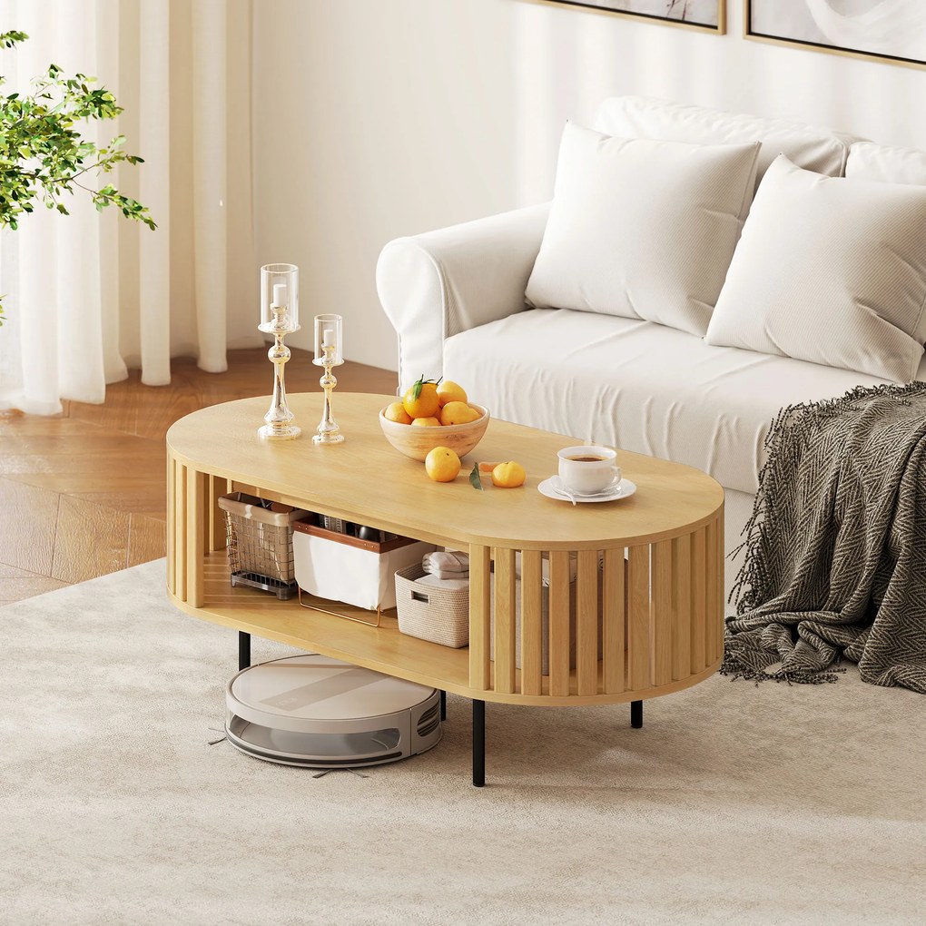 Mesa de centro oval  100 x 50 x 40 cm, mesa de sala com espaço de arrumação, cantos arredondados, design em ripas efeito de madeira natural