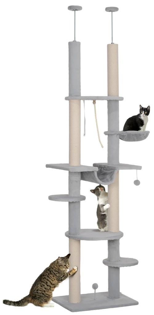 Arranhador para Gatos do Chão ao Teto 225-255 cm com 7 Níveis Rede Plataformas Postes de Arranhar  Cinza