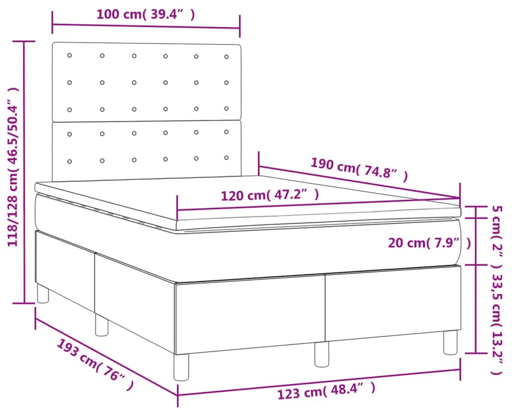 Cama box spring c/ colchão e LED 120x190 cm tecido preto