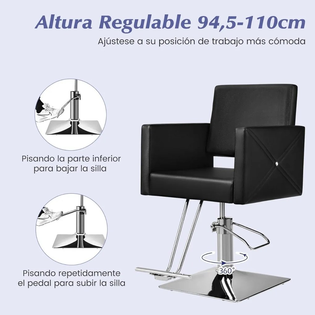 Cadeira de cabeleireiro almofadada, hidráulica, giratória, com braços e encosto, com bomba, para salões de cabeleireiro, estética e maquilhagem, preta