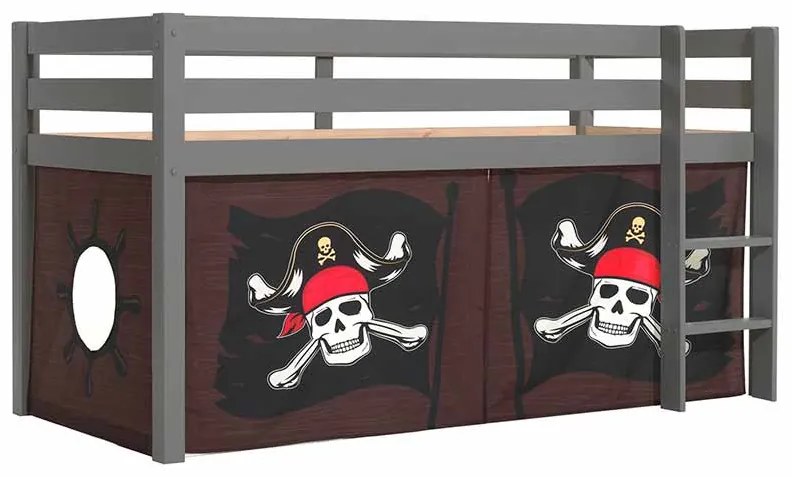 Cama alta de Criança PINO 90 x 200 cm + estrado + escada + cortina Piratas das Caraíbas Cinzenta