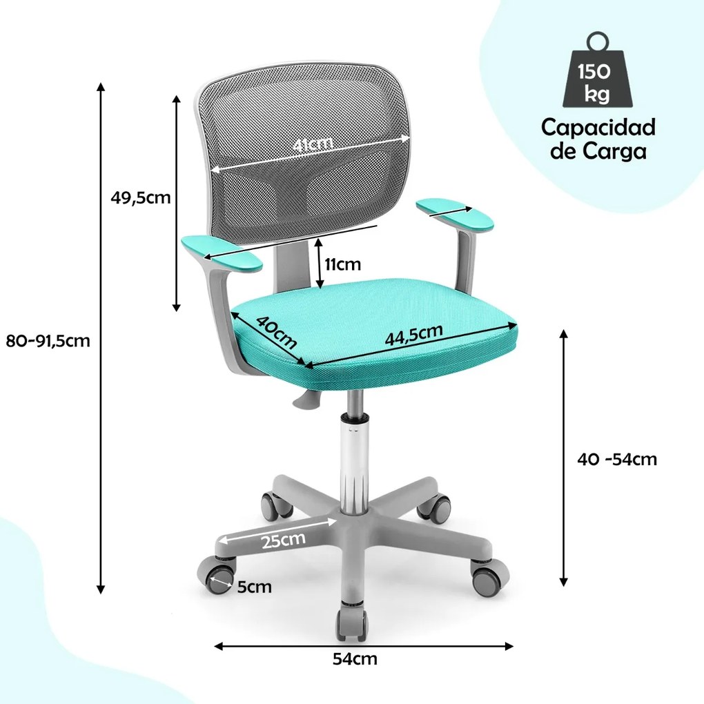 Cadeira de secretária ergonómica para crianças com rodas Cadeira giratória para computador Apoio lombar ajustável em altura Turquesa