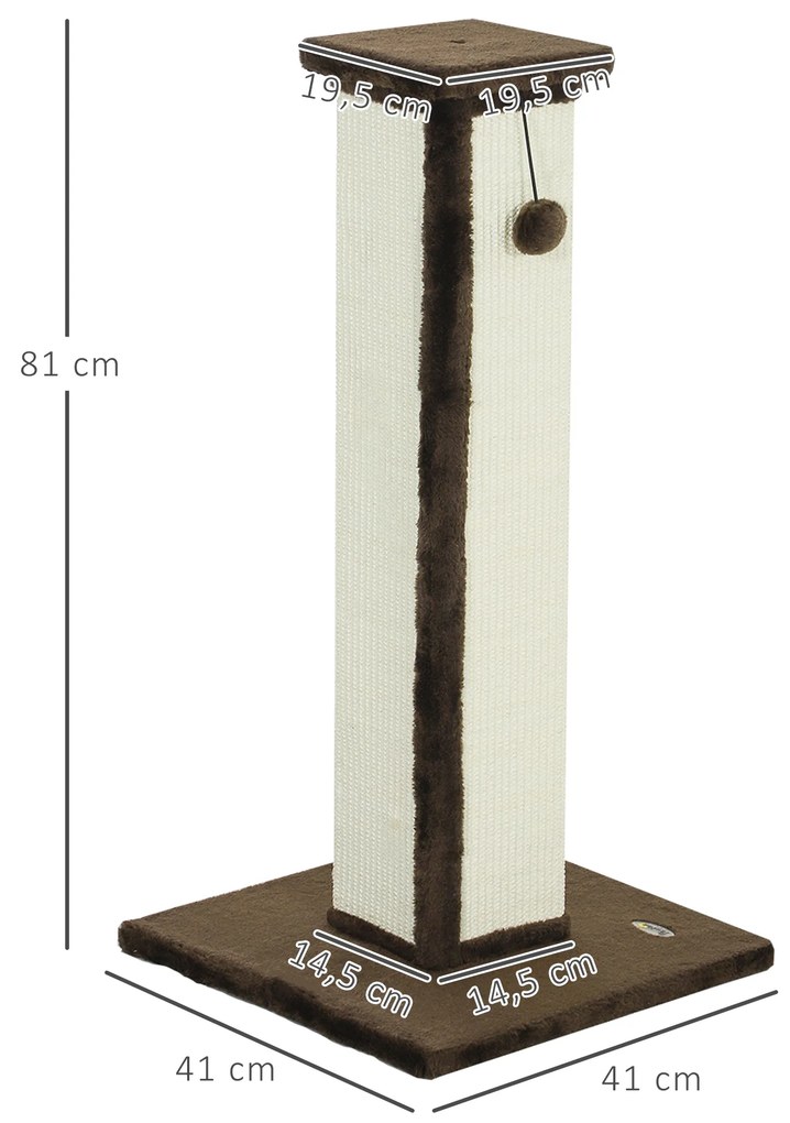 Poste Arranhador para Gatos Altura 81 cm Arranhador para Gatos com Poste de Sisal e Bola Suspensa 41x41x81 cm castanho