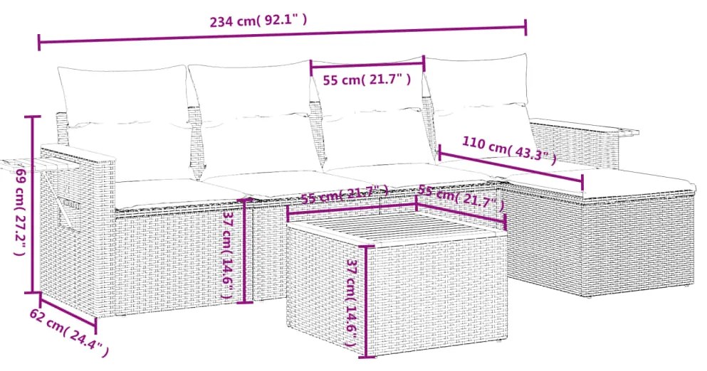 6 pcs conjunto sofás de jardim c/ almofadões vime PE preto