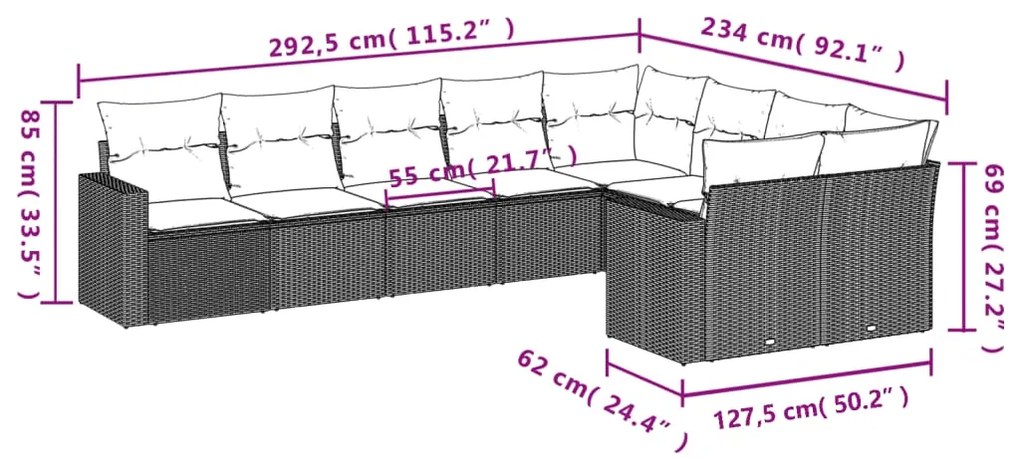 9 pcs conj. sofás jardim com almofadões vime PE cinzento-claro