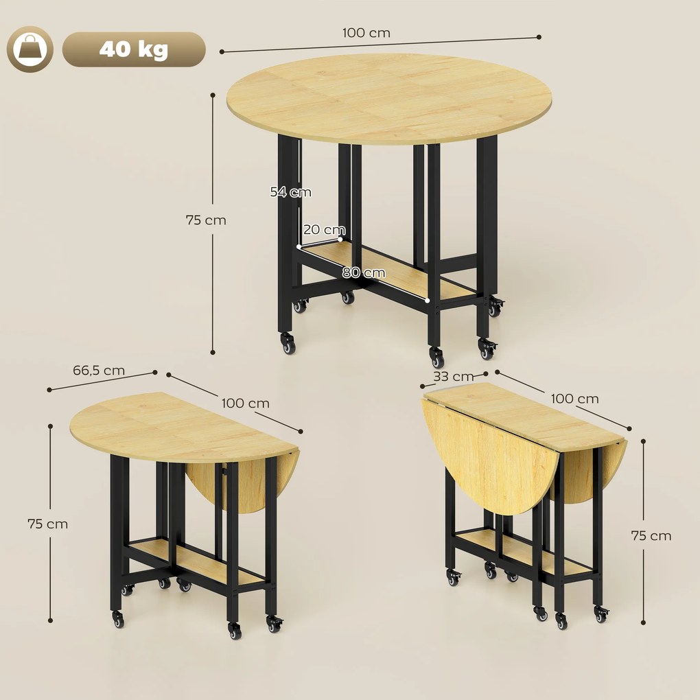 Mesa de jantar dobrável com rodas 100 x 100 x 75 cm (CADEIRAS NÃO INCLUIDAS), mesa de cozinha para 4 pessoas com prateleira integrada, cor carvalho