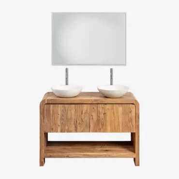 Conjunto De Móvel De Casa De Banho Em Madeira Vacry Castanho Acácia & 2 X Cimento Branco Redondo Ø40 Cm Zavion & Led Retangular E Anti-embaciamento 10