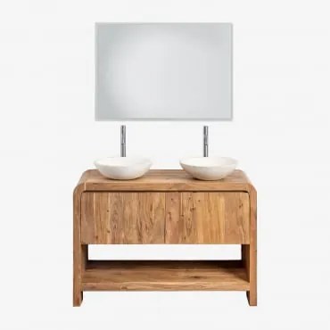 Conjunto De Móvel De Casa De Banho Em Madeira Vacry Castanho Acácia & 2 X Cimento Branco Redondo Ø40 Cm Zavion & Led - Sklum