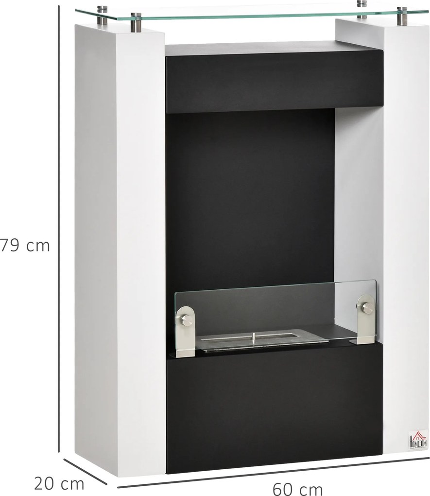 Lareira a bioetanol 60 x 20 x 79 cm com queimador de 0,9 L e tabuleiro de arrumação em vidro temperado, em aço preto e branco