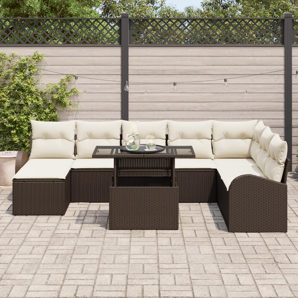 Conjunto de Sofás de Jardim de 9 Peças com Almofadas de Rattan Poliést