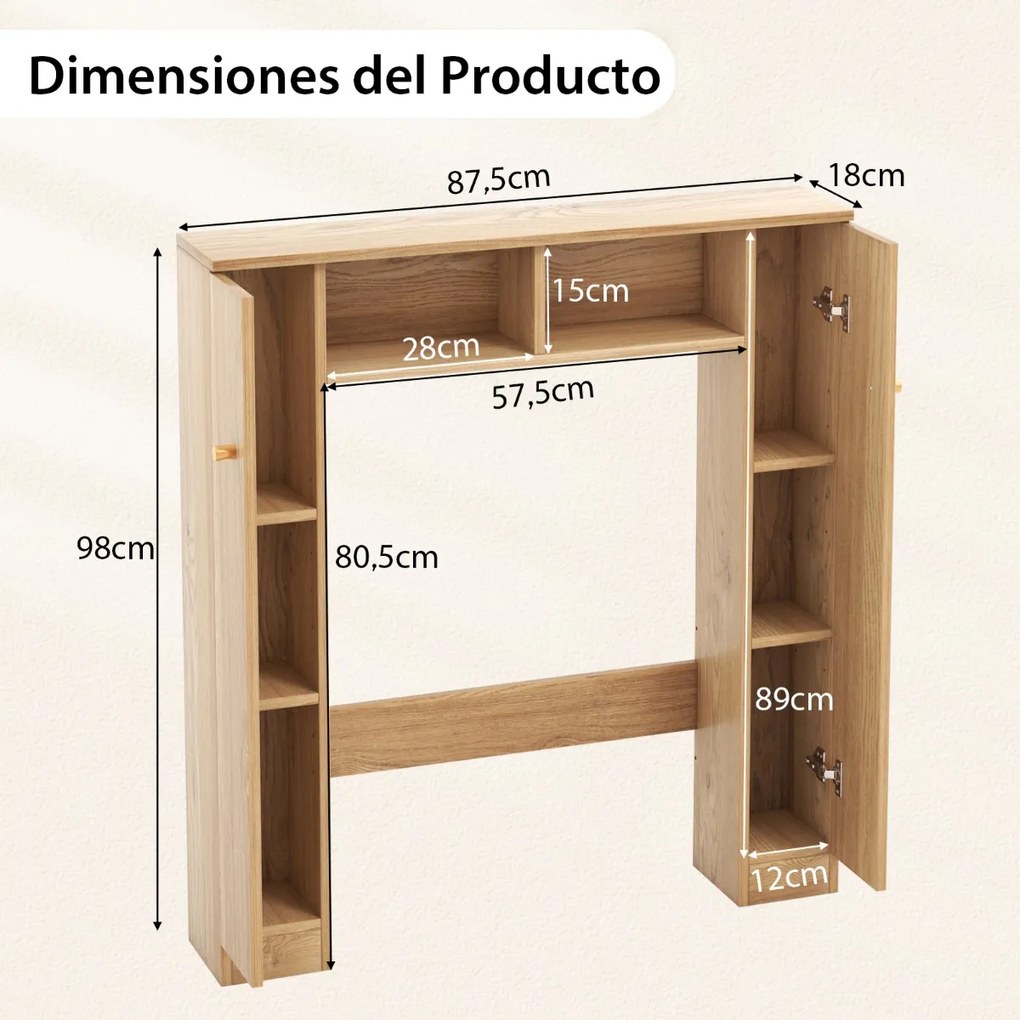 Estante para sanita Organizador de casa de banho com 2 portas e 2 compartimentos abertos 87,5 x 18 x 98 cm Natural