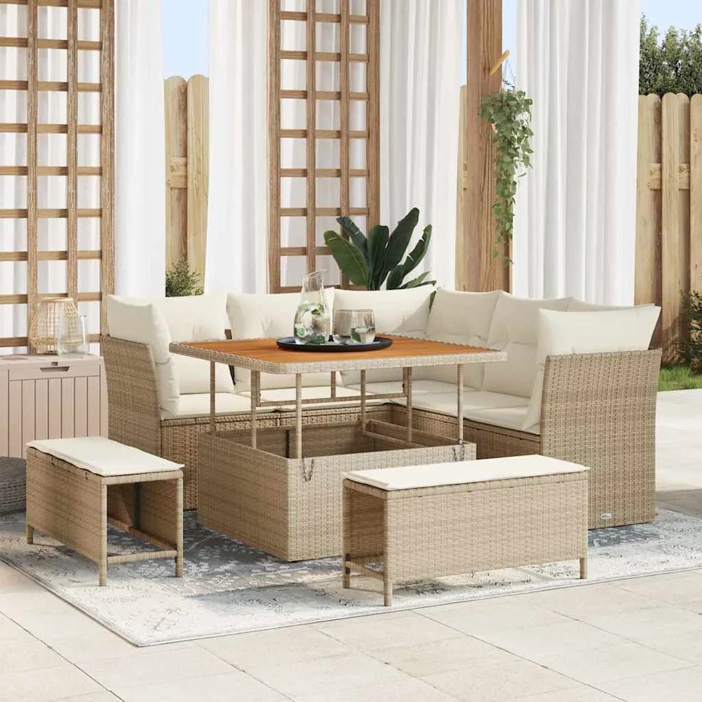 vidaXL Conjunto de Sofá de Jardim 8 Peças com Almofadas Beiges em Rattan Poliéster e Acácia