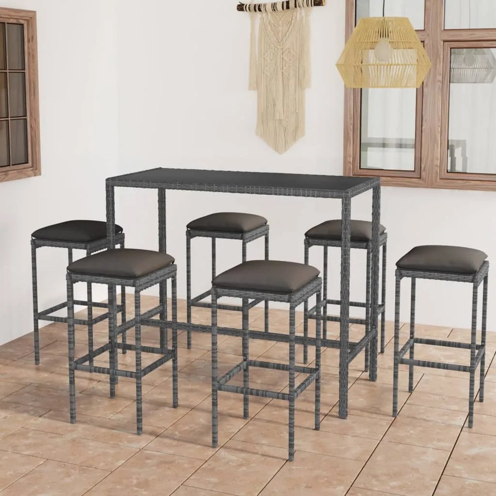 vidaXL 7 pcs conjunto de bar p/ jardim c/ almofadões vime PE cinzento