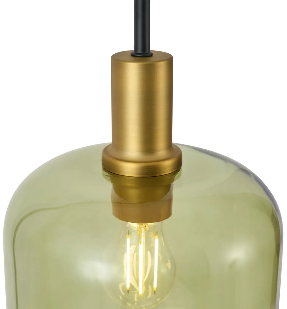 Candeeiro suspenso Hotel Chic preto com dourado e vidro verde 3-luzes - Zuzanna