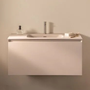 Conjunto De Móvel De Casa De Banho Suspenso Em Madeira Com Lavatório Integrado Macrae Crema Linho & Sem Espelho & ↔︎ 100 Cm & Cinzento E - Sklum