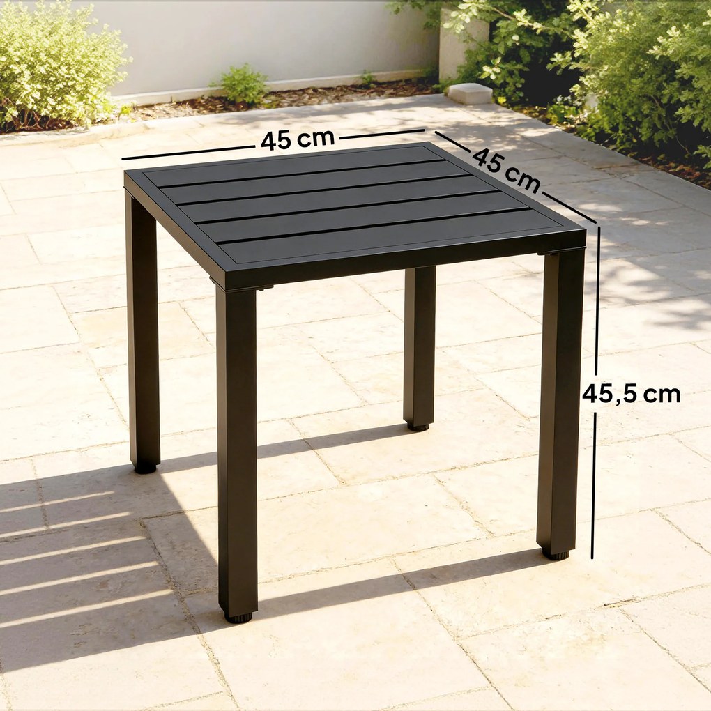 Mesa de jardim quadrada 45 C x 45 P x 45,5 A cm, mesa de terraço, estrutura em metal, para interior e exterior, para varanda, alpendre, pátio, preta