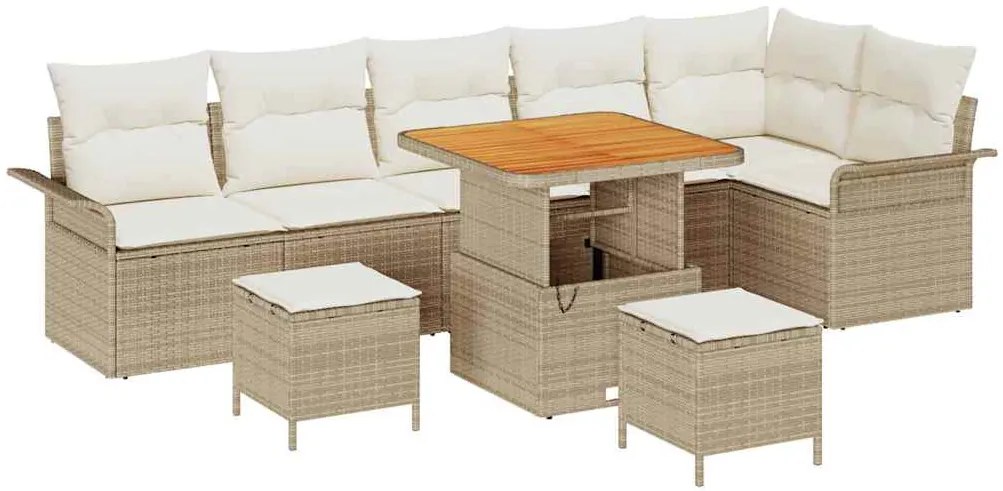 Conjunto de Sofá de Jardim com 9 peças e almofadas bege de rattan sint