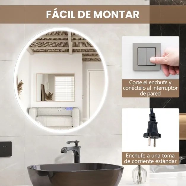 Espelho de casa de banho redondo com luz LED Brilho continuamente ajustável 3 temperaturas de cor Função anti-embaciamento e de memória 60 x 60 cm