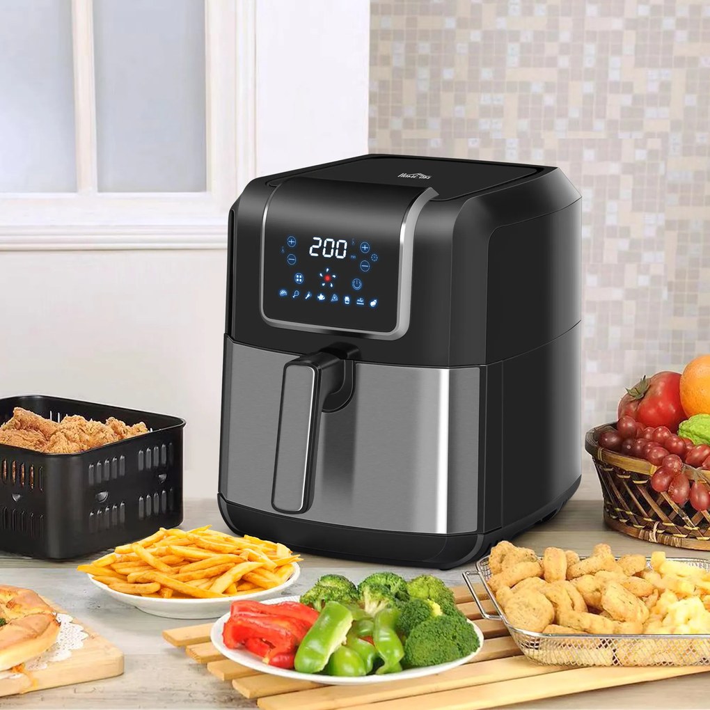 HOMCOM Fritadeira sem Óleo 6,5L 1700W Fritadeira de Ar Quente com 8 Programas Tela LED Tátil Temperatura Ajustável Temporizador e Cesta