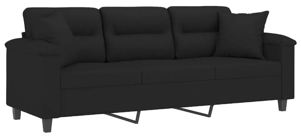 Sofá 3 lugares c/ almofadas 180 cm microfibra preto