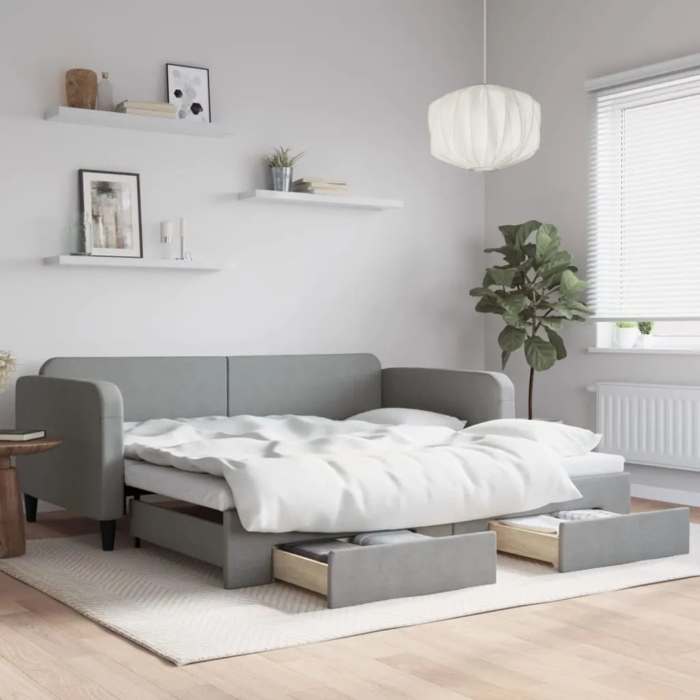 vidaXL Sofá-cama c/ gavetão e gavetas 100x200 cm tecido cinzento-claro