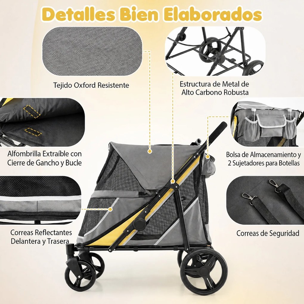 Carrinho Dobrável para Animais de Estimação, 105 x 68 x 102 cm, Dobragem Rápida, Amarelo+Cinza