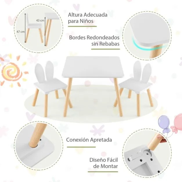 Conjunto de mesa e cadeiras para crianças 2 cadeiras desenho coelhos Pernas de madeira Branco