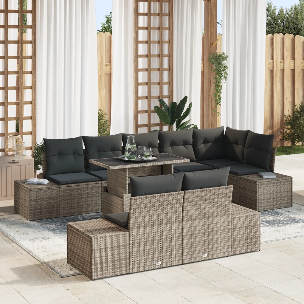 Conjunto de Sofá de Jardim com 9 Peças e Almofadas Cinza em Rattan Sin