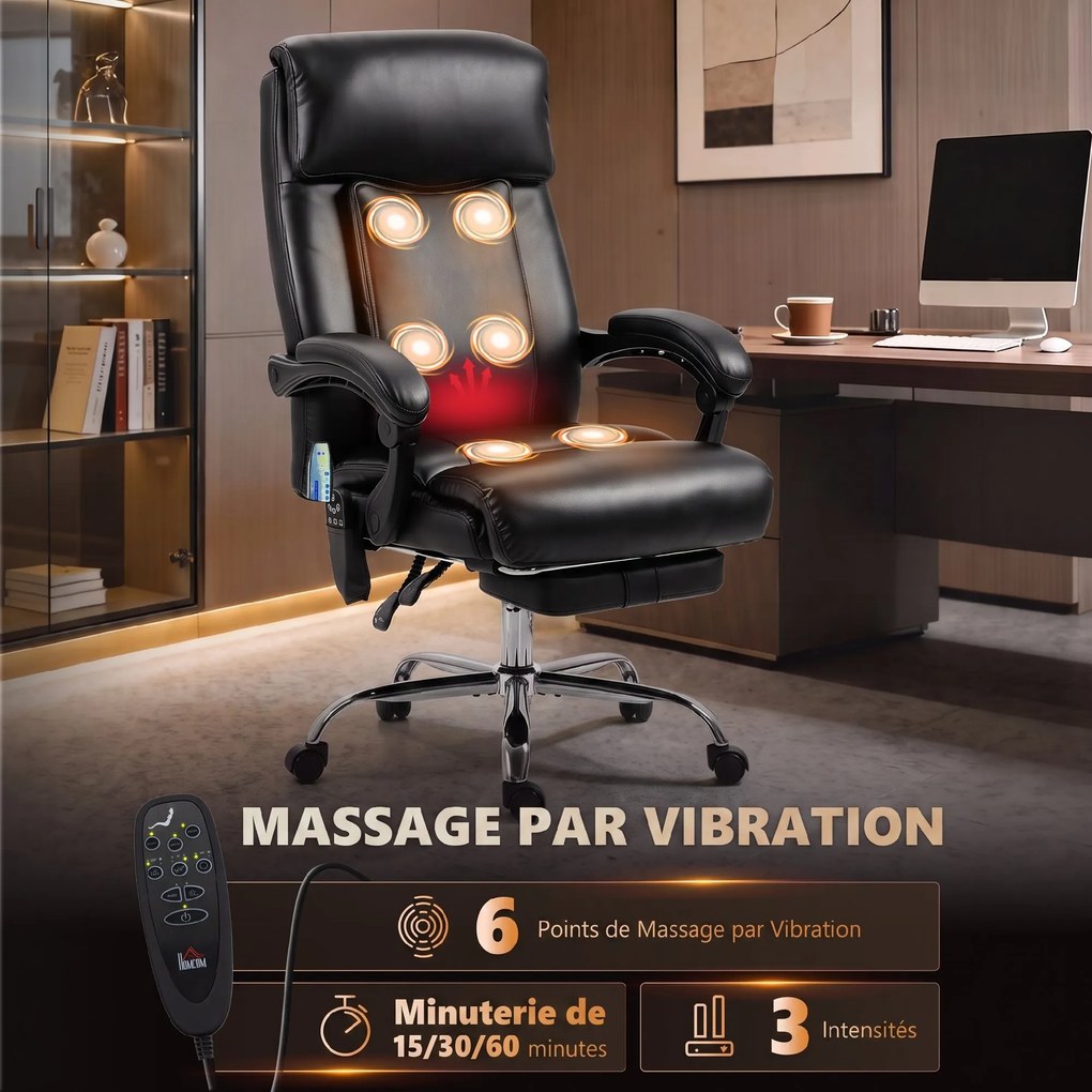 Cadeira de Escritório de Massagem, 64 x 59 x 120 cm, Massagem Vibratória e Aquecimento Lombar, Preta