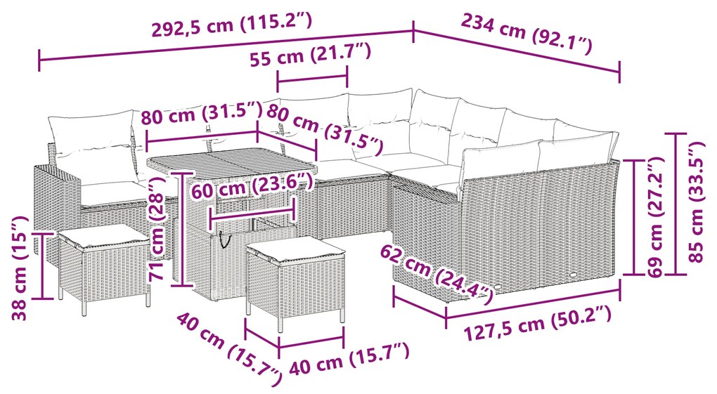 Conjunto de Sofás de Jardim vidaXL 12 Peças com Almofadas Preto Rattan
