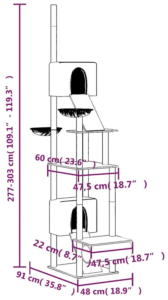 Árvore p/ gatos altura ajustável chão ao teto 277-303 cm creme