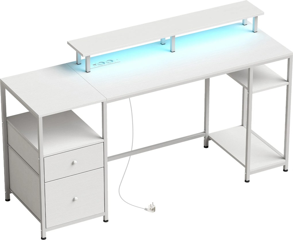 Secretária com Luzes LED Gavetas Tomadas Portas USB e Suporte para Monitor 155,5x48x88,5 cm Branco