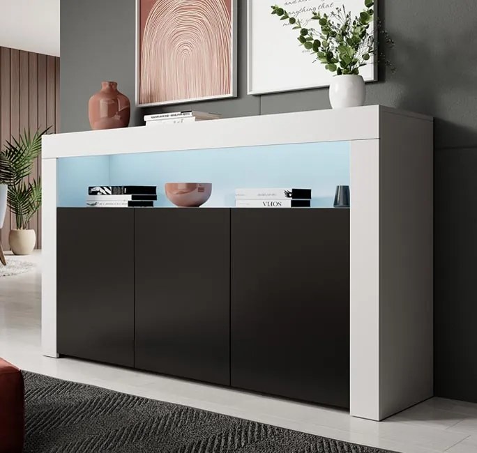 Aparador com Luz LED BELO - 155x91,5x37 cm - Branco/Preto Mate - Desig