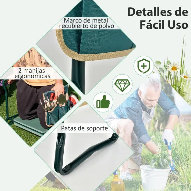 Assento duplo de jardim 2 em 1 com bolsa lateral e banco almofadado para carga seca e sentada 150 kg 58 x 27,5 x 50 cm verde
